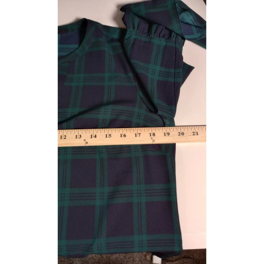 J Crew Green Navy Tartan Plaid Bell Sleeve Blouse Womens Medium Petite H1076
